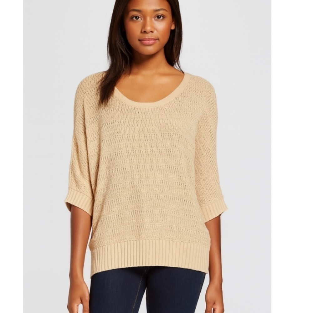 Hive & Honey Crew Neck Open Knit 3/4 Length Sleeve Tan Sweater Size Medium